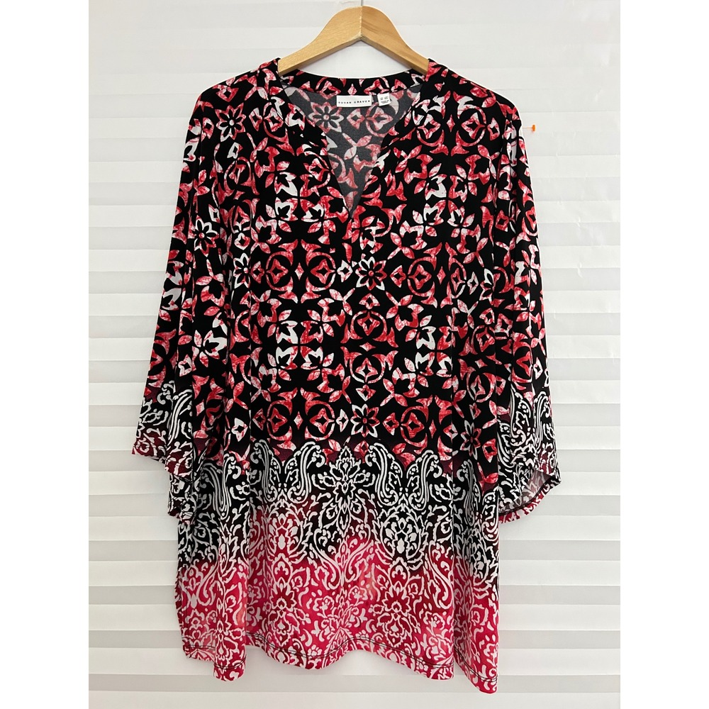 Susan Graver Liquid Knit Tunic Top Red Black Geometric Bell Sleeve Womens 3X